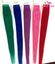 säljer silkeslen rak tejp hårförlängningar blandar färger rosa rödblå lila grön tejp i mänskligt hårband på hår4544086