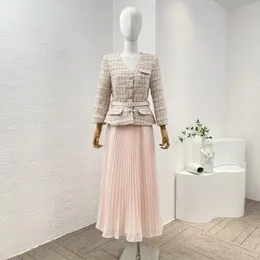 Vestidos de trabalho 2024 Spring Top Quality Pink Belted Sparkle Tweed Tweed Pleated Chiffon Midi Women Elegant Dress