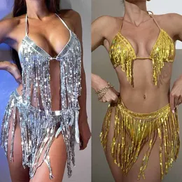 2024 new swimsuit womens glitter fabric sexy tassel skirt split bikini