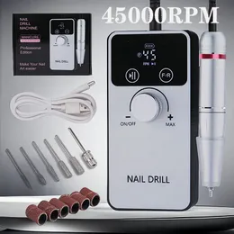 45000RPM Professional Electric Electric Nail Drill Machine 충전식 네일 파일 네일 손톱 액세서리 젤 매니큐어 샌더 저음 240417