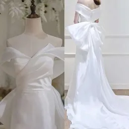 Dress Mermaid 2022 With Elegant White Big Bow Back Detachable Train Long Off Shoulder Simple Satin Bridal Formal Wedding Gowns Bride Reception Dresses es