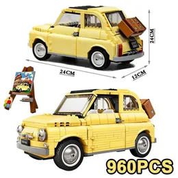 Diecast Model Cars 960PCS Technology Fiat 500 Building Block 10271 Classic Yellow Car Model Creator Assembles Car Block Toys J240417