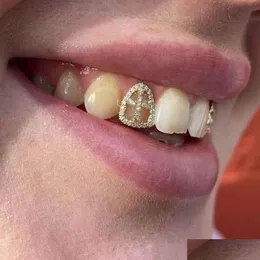 Grillz, griglie dentali rachelz hip hop cavo zircone cross denti grillz 14k oro oro tappi di pietra cz in pietra arredamento per donne uomini gioielli dhe9r