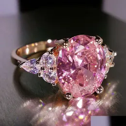 Solitaire Ring Pink Zircon Big Oval Stone Female Shining Crystal Engagement Rings for Women Vintage Rose Gold Sier Color Wedding Jewe Dhiwe