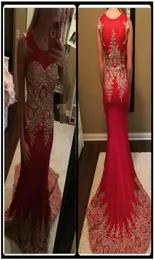 New Arrival Red Tulle Mermaid Prom Dresses 2020 Custom Made Gold Lace Appliqued Formal Long Summer Prom Gowns Vestidos De Baile1914573