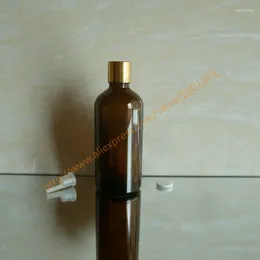 Bottiglie di stoccaggio 100 ml di bombole di olio essenziale di vetro brillante marrone/blu/verde con tappo di alluminio dorato (liscio) inserto plstic.Fial