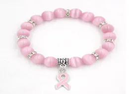 Pack Brustkrebsbewusstsein Schmuck Weiß Pink Opal Perlen Armband Ribbon Charm Bracelets Bangles Brazeletts1870115