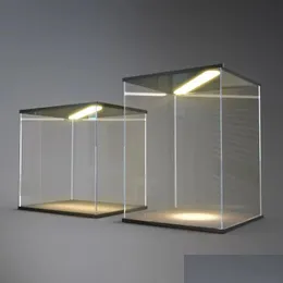 Caixas de armazenamento caixas de exibição de acrílico transparente com caixa de bancada de lâmpada Organizador de caixa de suporte riser riser lave à prova de poeira para figuras