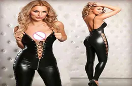 Frauen sexy Kostüm PVC Leder Ladies Open Crotch Latex Reißverschluss BodySuit Catsuit Erotische Dessous vorne nach Laceup Clubwear3814090