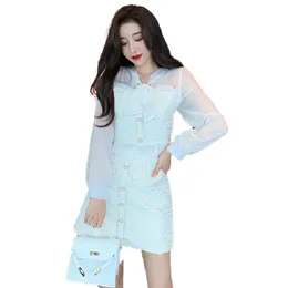 Spring summer new women chiffon long sleeve patched tweed fabric short blouse and a-line skirt twinset desinger dress suit SMLXL