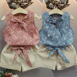 Kläder sätter 2st/set Summer Kids Terno Girls Set Flower Print T-shirt ärmlös Cotton Top Short Pant Suit för 1-6Y