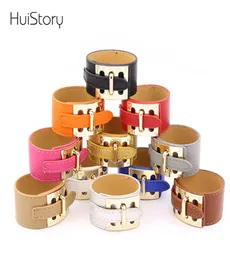 Huistory Fashion Versão Wide Ladies Three Button Metal PU Leather Bracelets for Women Charm Bracelet Jewelry Gift7417762