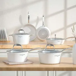 조리기구 세트 Cooksmark Nonstick Ceramic 세트 10 조각 흰색 냄비 및 유리 뚜껑 스테인리스 스틸 손잡이가있는 팬