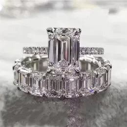Ring Luxury 100% 925 STERLING Gümüş Oluşturuldu Emerald Cut Elmas Düğün Nişan Kokteyl Kadınlar Moissanite Band Ring Fine Jewelry 20
