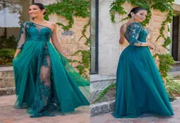 2022 Chic Turquoise Spitzenbrautjungfernkleider eine Schulter eine Linie schiere Langschläfe Plus -Size Country Maid of Honor Gowns Prom Kleider2316948