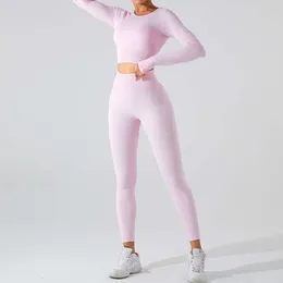 Spring Nowy zestaw garnituru z długim rękawem dla damskiej szczupłej dopasowania Top Tight High talia Peach Yoga Pants F41785