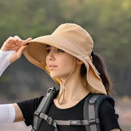 Breda randen hattar strandmössa mode solskyddsmedel sommar stort fiske ihålig med lanyard vandring sol hatt kvinnor visir hink