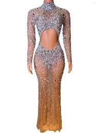 Stage Wear Shinestones Rhinestones Pearls trasparente Hollow Long Dress Birthday Celebrate Prombo