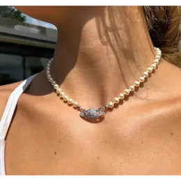 Saturn -halsband Pearl Peaded Diamond Tennis Necklace Woman Silver Chains Vintage Trendy Style Desigenr With Box