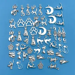 Mix 51pcsSet Zinc Alloy Antique Silvery Animal Series Cats Shaped Pendants for DIY Necklace Bracelet Earrings Jewelry Making 240408