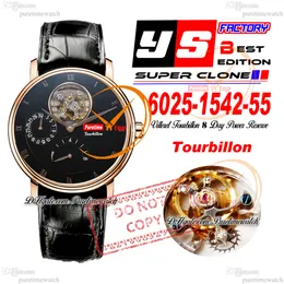 Villeret Real Tourbillon Hand Winding Mens Watch YSF V3 Power Reserve Mechanical 6025-3642-55B Rose Gold Black Dial Roman Leather Strap Super Edition Perime