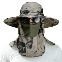 3pcsset Men Hat Bucket com xale véu camuflagem de verão prevenção de areia de 12 cm Sol chapéu de sol à prova d'água Campo de pesca ao ar livre 240410