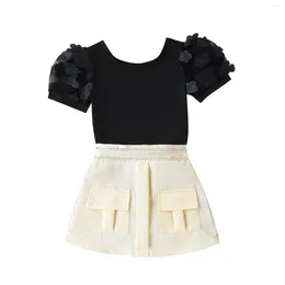 Kleidungssets Sommer Kindermädchen Rock Set kurzärmelig drucken T-Shirt Unregelmäßiges Denim Outfit Freizeitkleidung