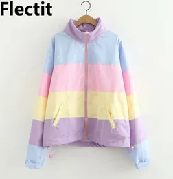 Flectit Women Pastel Rainbow Bomber Jacket Cute Color Block Duster Souvenir Sukajan Windbreaker Girls Harajuku Pastel Goth 201023009064