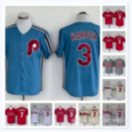 Jerseys de beisebol Phillies Harper#3Turner#7 Blue White Red Game Player Name Jersey
