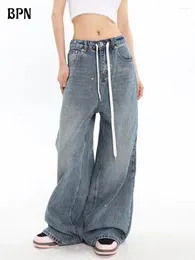 Kvinnors jeans bpn streetwear för kvinnor hög midja lapptäcke dragskon lös minimalistisk denim bred ben byxor kvinnlig mode höststil