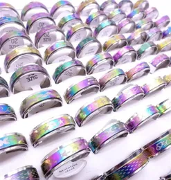 Topes 100pcs çok paslanmaz çelik spin bant halkaları dönebilir çok renkli lazer baskılı karışım desenleri moda mücevher spinner parti 6204678
