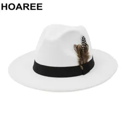 Hoaree White Wool Vintage Trilby Feed Fedora Hut mit Feather Frauen Männer Kirche Hüte breit Krempe männliche weibliche Herbst -Jazz -Kappen Q08052094741