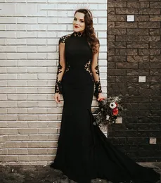 Gotik Siyah Denizkızı Gelinlik Seksi Sırtsız Uzun Kollu Saten Gelin Gown Dantel Aplikler Vintage Gelin Elbise