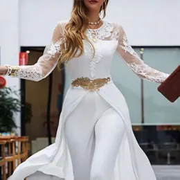 Sleeves Classy Jumpsuits Long Wedding Dress With Train 2022 Lace Appliques Bridal Reception Gowns Jewel Neck Elopement Pants Suits Ivory Bride Shower Dresses es