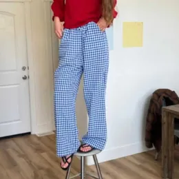 Frauenhose HEZIOWYUN Y2K RETRO ästhetische Weitbein -Kordelzug Dünner Sommer lässige elastische Plaid lose Hosen mit Taschen