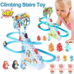 Kids Electric Climbing Stairs Toy DIY Mały dinozaur Rail Rail Track Music Roller Coaster Duck Toy For Baby Kids Prezent 240318