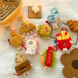 Tornari peluche Hamburg Bread Peluga Pendanto Hot Dog Croissant Noodles Chiave Chiave Chiave Fritta fritte francese Decorazione di giocattoli per bambole peluche Y240415