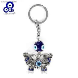 Keychains Lanyards Lucky Eye Alloy Butterfly Keychain Glass Turkish Evil Eye Bead Key Chain Bag Car Keyring Jewelry llavero porte cl Y240417