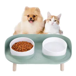 Cat Double Bowl Safety with Wood Stand och Silicone Matt Kitten Puppy Food Water Feeding Elevated Dish Dog Supplies Spill-Proof 240407