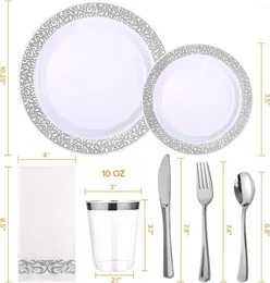 Disposable Dinnerware 350pcs Silver Set For 50 Guests Lace Plastic Plates Heavy Duty Including Dinner