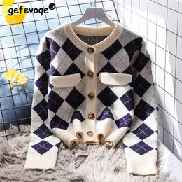 Женские трикотажные женские женские винтажные классические Argyle Chic Single Breadsed outewear вязаный кардиган y2k повседневный круглый рукав с длинным рукавом рыхлый свитер