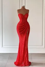 Sparkle Red Sequined Prom Dresses Sexy Sweetheart Mermaid Split Evening Gowns BC18459