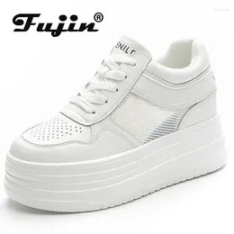 Casual Shoes Fujin 7cm ihålig luftnät Ko äkta läder kilplattform andas andas damer tjocka sneakers romerska kortfattad vulkaniserad sommar