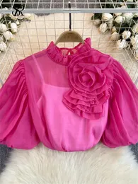 Singreiny Chic Chiffon Zwei Stücke Bluse 3d Flower Rüschen Kurzes Puffärmel Shirt Mody Senior Office Dame Sommer Tops 240412