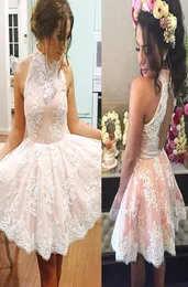 Simple 2019 High Neck Homecoming Dresses A Line Sweet 16 Girls Short Prom Dresses Lace Applique Cocktail Party Gowns Graduation Dr9352475