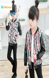 Girls Leather Coat Children039S Fashion Pu Jacket 39 år Flickor Runda halstryck Flowers Camouflage Artificial Kids Outwea3062263