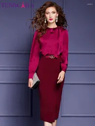 Casual Dresses TESSCARA Women Autumn & Winter Elegant Dress High Quality Wine Office Lady Cocktail Party Designer Business Pencil Vestidos