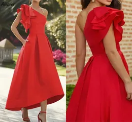 Red Elegant Satin Short Prom Party Dresses One Shoulder Ruffles Tea Length A Line Cocktail Formal Gowns For Women Simple Second Recaption Club Wear Vestidos CL3503