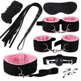 8 Pcsset BDSM Bondage Kit Handcuffs Nipple Clamps Mouth Ball Gag Whip Cotton Rope Sex Toys For Couples Eye mask Neck Collar 240412