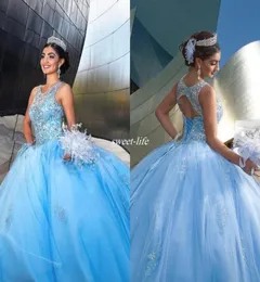 Light Sky Blue Sweet 1516 Party Debutantes Donsls Lacker Cyer Neck Crystals Sparkly Tulle 2019 Custom Quinceanera Dress2291867